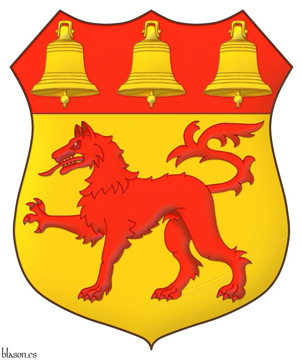 Escudo de oro, un lobo pasante de gules; en un jefe de gules, tres campanas de oro.