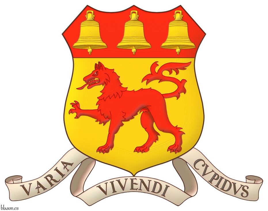 Or, a wolf passant Gules; on a chief Gules, three bells Or. Motto: �Varia vivendi cupidus�.