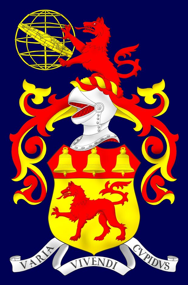 Or, a wolf passant Gules; on a chief Gules, three bells Or. Crest: Upon a helm with a wreath Or and Gules, a demi-wolf Gules supporting with both paws an armillary sphere Or. Mantling: Gules doubled Or. Motto: �Varia vivendi cupidus�.