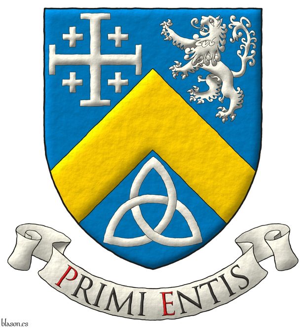 Azure, a chevron Or, between in chief a cross potent cantoned of crosslets, and a lion rampant, and in base a Celtic Trinity knot Argent. Motto: Primi entis Sable, with initial letters Gules, over a scroll Argent.
