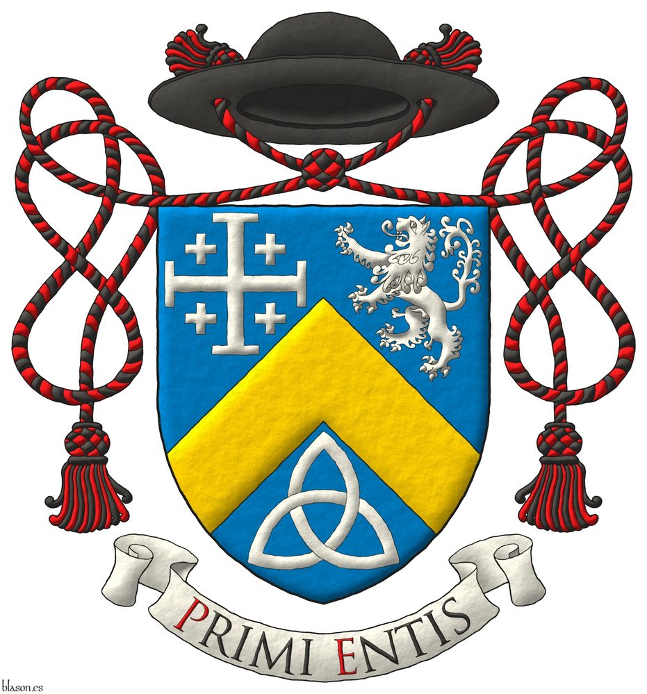 Azure, a chevron Or, between in chief a cross potent cantoned of crosslets, and a lion rampant, and in base a Celtic Trinity knot Argent. Crest: A galero Sable, with two cords, each with one tassel Gules and Sable. Motto: Primi entis Sable, with initial letters Gules, over a scroll Argent.
