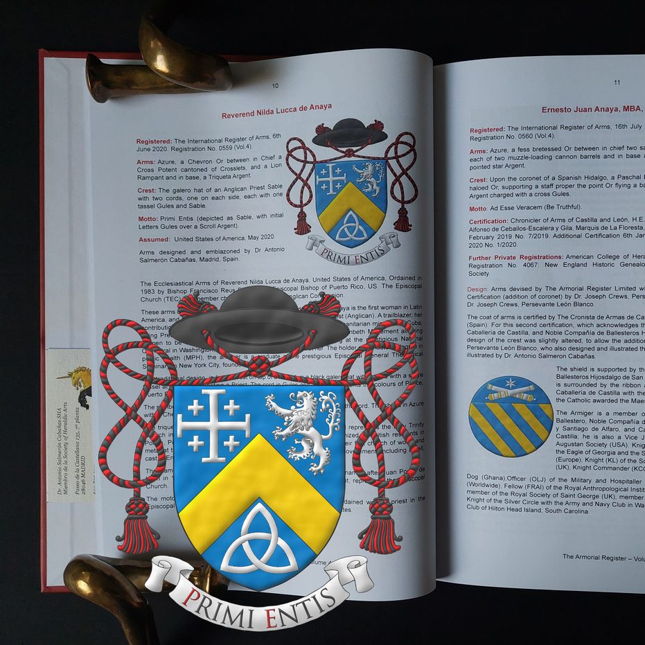 Azure, a chevron Or, between in chief a cross potent cantoned of crosslets, and a lion rampant, and in base a Celtic Trinity knot Argent. Crest: A galero Sable, with two cords, each with one tassel Gules and Sable. Motto: Primi entis Sable, with initial letters Gules, over a scroll Argent.