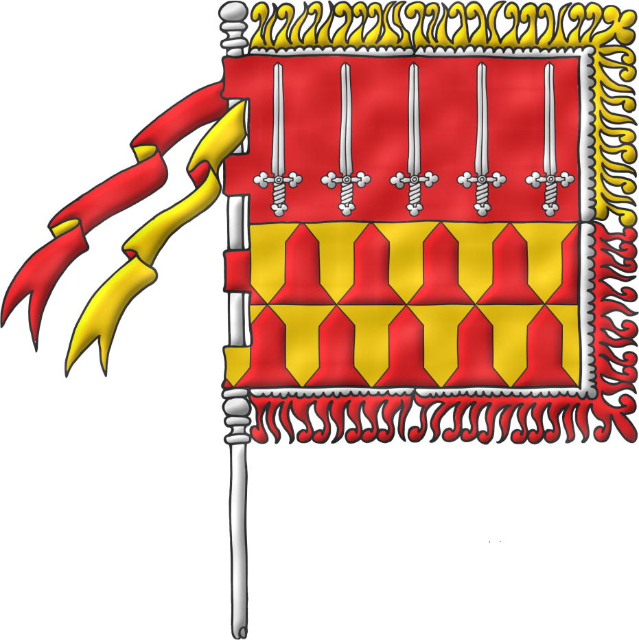 Bandera de cordn de plata, flecos de oro y gules cargada con las mismas armas que el escudo y pasada en una pica.