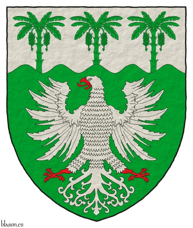 Vert, an eagle displayed Argent, beaked, langued, membered and armed Gules; on a chief wavy Argent, three plantain plants issuant from the line of division Vert.