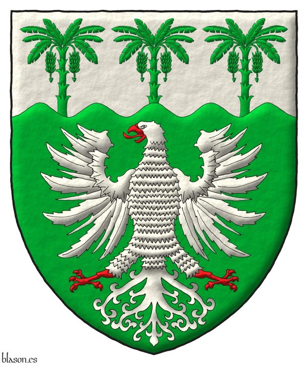 Vert, an eagle displayed Argent, beaked, langued, membered and armed Gules; on a chief wavy Argent, three plantain plants issuant from the line of division Vert.