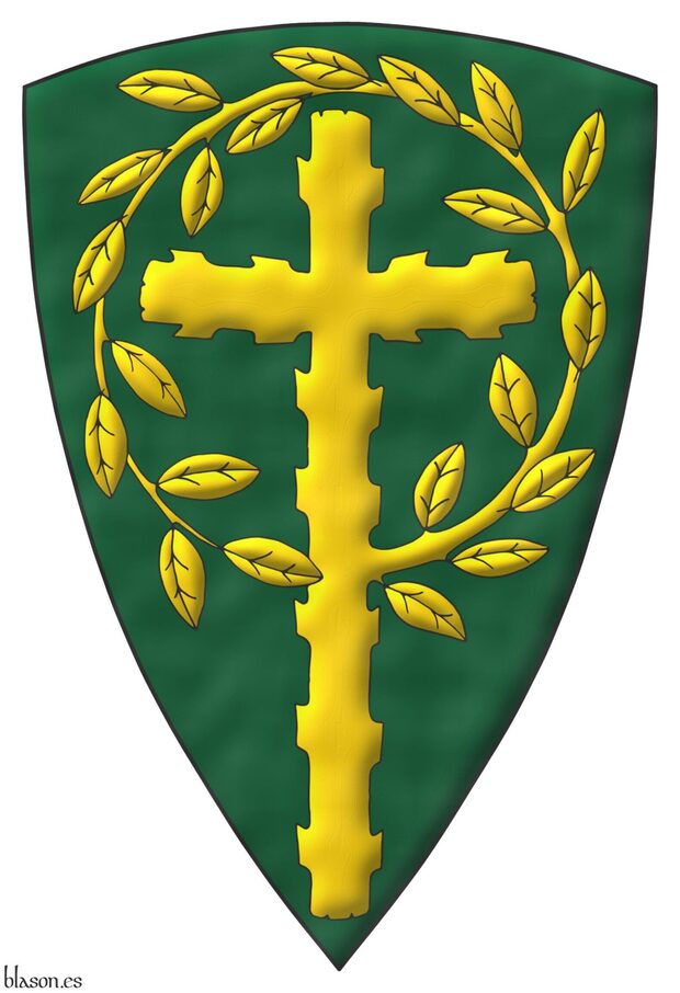 Vert, a Latin cross, raguly, issuant from its sinister a leaved offshoot encircling the cross, its end terminating and debruising the lower limb Or.