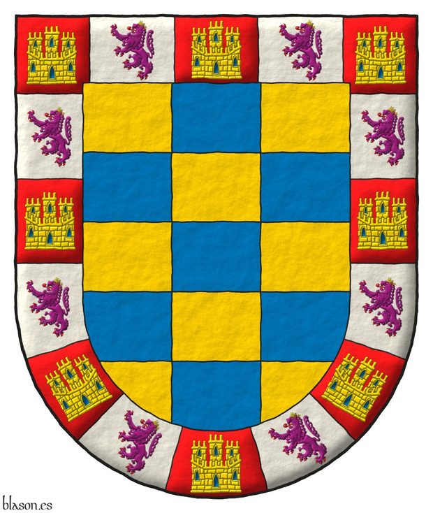 Escudo ajedrezado de quince piezas de oro y azur; una bordura componada de diecisis compones, ocho de gules, un castillo de oro, aclarado de azur, mazonado de sable, ocho de plata, un len rampante de prpura, coronado de oro, armado y lampasado de gules.