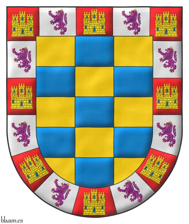 Chequey of fifteen Or and Azure; a bordure compony of sixteen sections, eight gules, a castle triple-towered Or, port and windows Azure, masoned Sable, eight Argent, a lion rampant Purpure, crowned Or, armed and langued Gules.