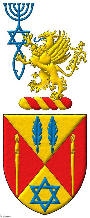 Escudo cuartelado en sotuer: 1o de oro, dos plumas para escribir en faja de azur; 2o y 3o de gules, un pincel alzado de oro; 4o de oro, una estrella de seis puntas, hueca y entrelazada de azur. Timbrado de un burelete de oro y gules cimado de un grifo rampante de oro, lampasado de azur, teniendo entre sus garras el sello mesi�nico de Jerusal�n de azur.