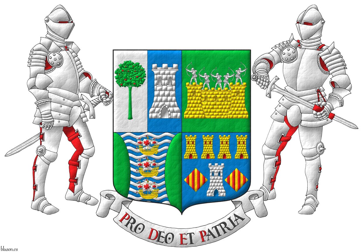 Quarterly: 1 per pale: 1 Argent, a madrone tree (Arbutus unedo) Vert, fructed Gules; 2 Azure, a tower Argent; 2 Vert, on a wall Or, masoned Sable, by five archers Argent in shooting stance; 3 barry wavy Azure and Argent, three caravels in pale Or, sails and pennons Argent charged with crosses Gules, between two flanches Vert; 4 Azure, a tower Argent, port and windows Azure, masoned Sable, between two lozenges Or, each charged with four pallets Gules, in chief four towers in fess Or, port and windows Gules, masoned Sable. Motto: �Pro Deo et Patria�. Supporters: Two knights in full plate armor Argent, lined Gules.