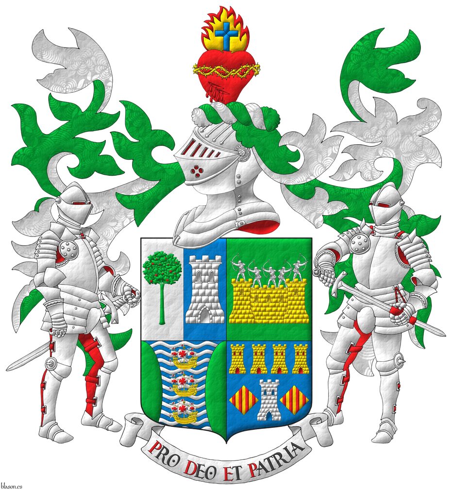 Quarterly: 1 per pale: 1 Argent, a madrone tree (Arbutus unedo) Vert, fructed Gules; 2 Azure, a tower Argent; 2 Vert, on a wall Or, masoned Sable, by five archers Argent in shooting stance; 3 barry wavy Azure and Argent, three caravels in pale Or, sails and pennons Argent charged with crosses Gules, between two flanches Vert; 4 Azure, a tower Argent, port and windows Azure, masoned Sable, between two lozenges Or, each charged with four pallets Gules, in chief four towers in fess Or, port and windows Gules, masoned Sable. Crest: Upon a helm with a wreath Argent and Vert, a bleeding heart Gules, debruised by a crown of thorns Or, tipped by a flame Or, fimbriated Gules, charged with a Latin cross Azure. Mantling: Vert doubled Argent. Motto: �Pro Deo et Patria�. Supporters: Two knights in full plate armor Argent, lined Gules.
