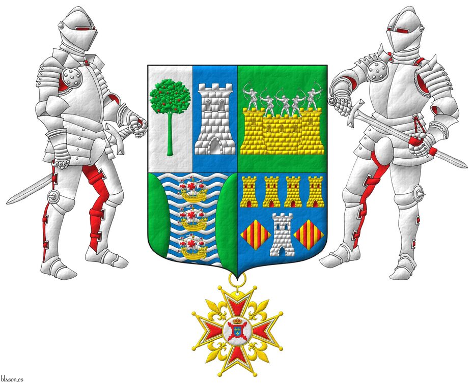 Quarterly: 1 per pale: 1 Argent, a madrone tree (Arbutus unedo) Vert, fructed Gules; 2 Azure, a tower Argent; 2 Vert, on a wall Or, masoned Sable, by five archers Argent in shooting stance; 3 barry wavy Azure and Argent, three caravels in pale Or, sails and pennons Argent charged with crosses Gules, between two flanches Vert; 4 Azure, a tower Argent, port and windows Azure, masoned Sable, between two lozenges Or, each charged with four pallets Gules, in chief four towers in fess Or, port and windows Gules, masoned Sable. Supporters: Two knights in full plate armor Argent, lined Gules. Suspended from the shield the cross of Knight of the National Monarchist Brotherhood of Spain.