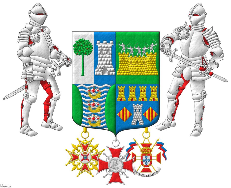 Quarterly: 1 per pale: 1 Argent, a madrone tree (Arbutus unedo) Vert, fructed Gules; 2 Azure, a tower Argent; 2 Vert, on a wall Or, masoned Sable, by five archers Argent in shooting stance; 3 barry wavy Azure and Argent, three caravels in pale Or, sails and pennons Argent charged with crosses Gules, between two flanches Vert; 4 Azure, a tower Argent, port and windows Azure, masoned Sable, between two lozenges Or, each charged with four pallets Gules, in chief four towers in fess Or, port and windows Gules, masoned Sable. Supporters: Two knights in full plate armor Argent, lined Gules. Suspended from the shield the cross of Knight of the National Monarchist Brotherhood of Spain, the cross of Merit of the Noble Chapter of Ferdinand VI and the insignia of Honorary Lieutenant of the Duke of Braganza Regiment of the Legion of Frontiersmen.