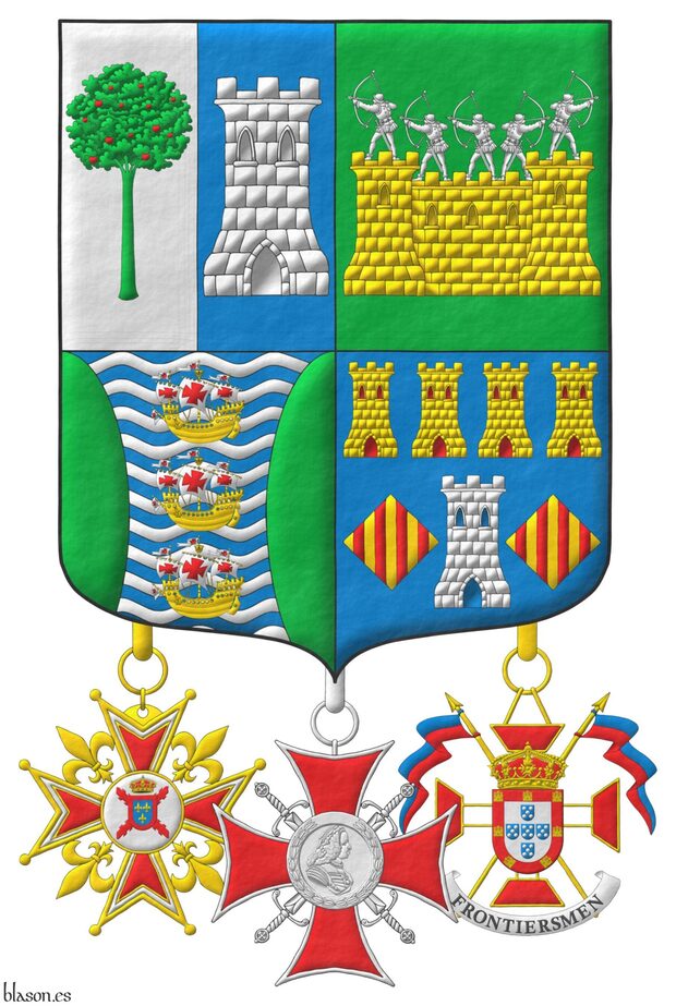 Quarterly: 1 per pale: 1 Argent, a madrone tree (Arbutus unedo) Vert, fructed Gules; 2 Azure, a tower Argent; 2 Vert, on a wall Or, masoned Sable, by five archers Argent in shooting stance; 3 barry wavy Azure and Argent, three caravels in pale Or, sails and pennons Argent charged with crosses Gules, between two flanches Vert; 4 Azure, a tower Argent, port and windows Azure, masoned Sable, between two lozenges Or, each charged with four pallets Gules, in chief four towers in fess Or, port and windows Gules, masoned Sable. Suspended from the shield the cross of Knight of the National Monarchist Brotherhood of Spain, the cross of Merit of the Noble Chapter of Ferdinand VI and the insignia of Honorary Lieutenant of the Duke of Braganza Regiment of the Legion of Frontiersmen.