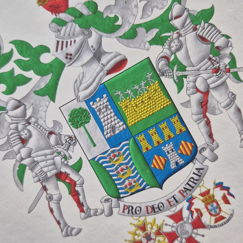 Quarterly: 1 per pale: 1 Argent, a madrone tree (Arbutus unedo) Vert, fructed Gules; 2 Azure, a tower Argent; 2 Vert, on a wall Or, masoned Sable, by five archers Argent in shooting stance; 3 barry wavy Azure and Argent, three caravels in pale Or, sails and pennons Argent charged with crosses Gules, between two flanches Vert; 4 Azure, a tower Argent, port and windows Azure, masoned Sable, between two lozenges Or, each charged with four pallets Gules, in chief four towers in fess Or, port and windows Gules, masoned Sable. Crest: Upon a helm with a wreath Argent and Vert, a bleeding heart Gules, debruised by a crown of thorns Or, tipped by a flame Or, fimbriated Gules, charged with a Latin cross Azure. Mantling: Vert doubled Argent. Motto: �Pro Deo et Patria�. Supporters: Two knights in full plate armor Argent, lined Gules. Suspended from the shield the cross of Knight of the National Monarchist Brotherhood of Spain, the cross of Merit of the Noble Chapter of Ferdinand VI and the insignia of Honorary Lieutenant of the Duke of Braganza Regiment of the Legion of Frontiersmen.