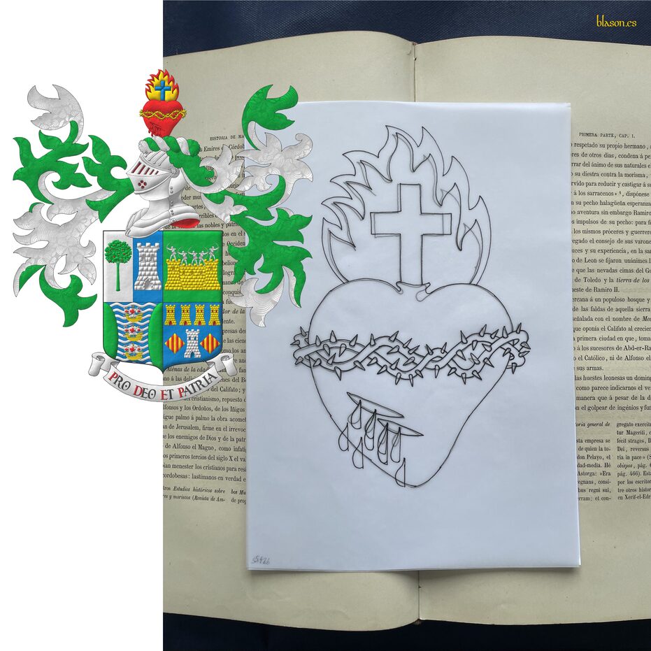 Quarterly: 1 per pale: 1 Argent, a madrone tree (Arbutus unedo) Vert, fructed Gules; 2 Azure, a tower Argent; 2 Vert, on a wall Or, masoned Sable, by five archers Argent in shooting stance; 3 barry wavy Azure and Argent, three caravels in pale Or, sails and pennons Argent charged with crosses Gules, between two flanches Vert; 4 Azure, a tower Argent, port and windows Azure, masoned Sable, between two lozenges Or, each charged with four pallets Gules, in chief four towers in fess Or, port and windows Gules, masoned Sable. Crest: Upon a helm with a wreath Argent and Vert, a bleeding heart Gules, debruised by a crown of thorns Or, tipped by a flame Or, fimbriated Gules, charged with a Latin cross Azure. Mantling: Vert doubled Argent. Motto: �Pro Deo et Patria�.