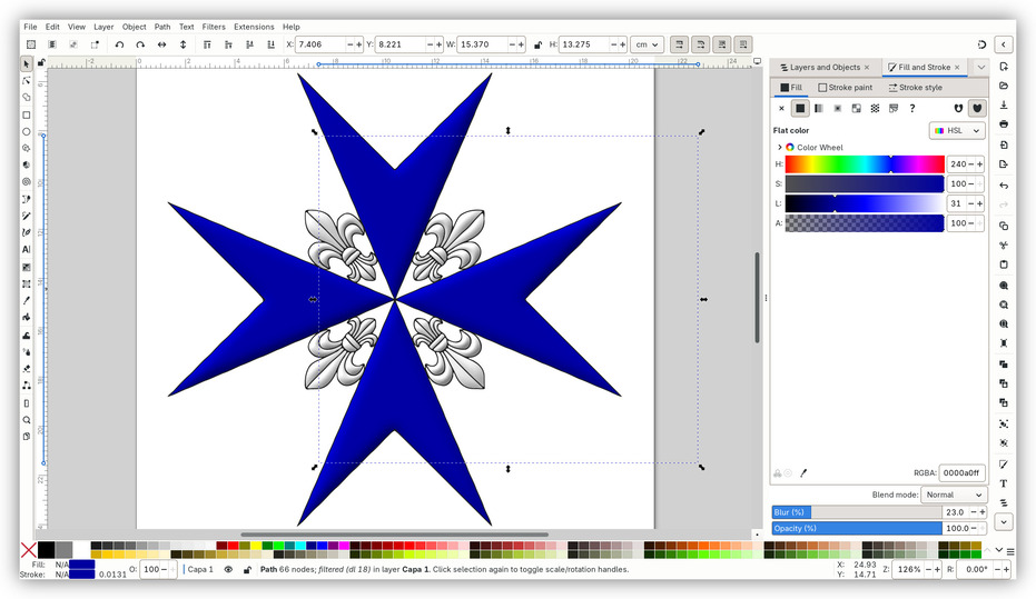An eight-pointed cross Azure, cantoned by four fleurs de lis in saltire Argent, conjoined thereto.