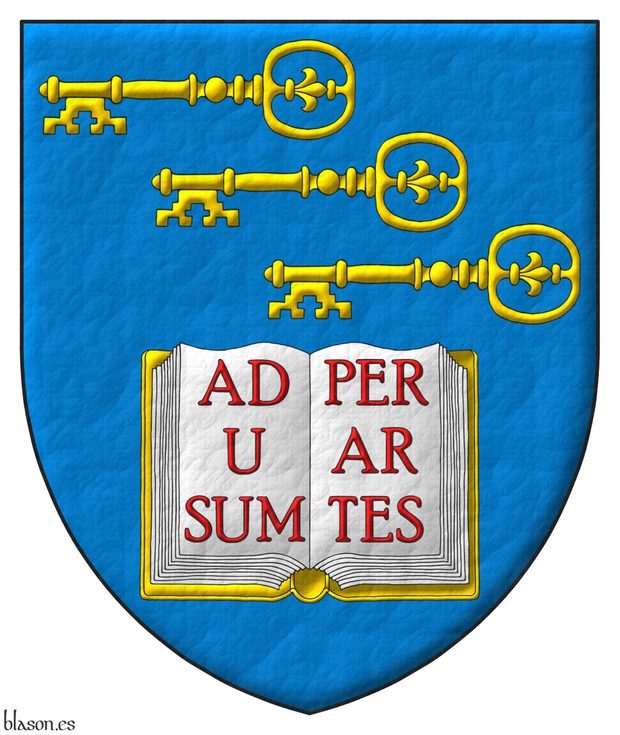 Azure, in chief three keys in bend, fesswise, to dexter, facing downwards Or, in base an open book Argent, garnished Or, the pages inscribed Ad usum per artes Gules.