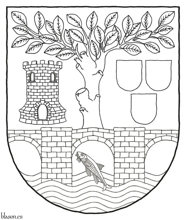 Azure, on four bars wavy Argent a barbel bendwise Or and a three arch bridge Or, masoned Sable, throughout, supporting a elm couped Argent leaved Or, between, in dexter a tower Or, port and windows Azure, mazoned Sable, and in sinister three escutcheon Or, 2 and 1.