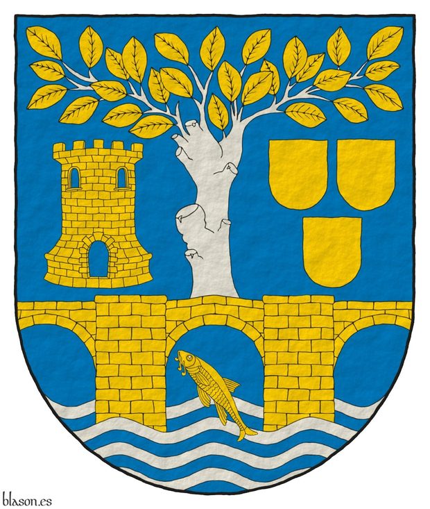 Azure, on four bars wavy Argent a barbel bendwise Or and a three arch bridge Or, masoned Sable, throughout, supporting a elm couped Argent leaved Or, between, in dexter a tower Or, port and windows Azure, mazoned Sable, and in sinister three escutcheon Or, 2 and 1.