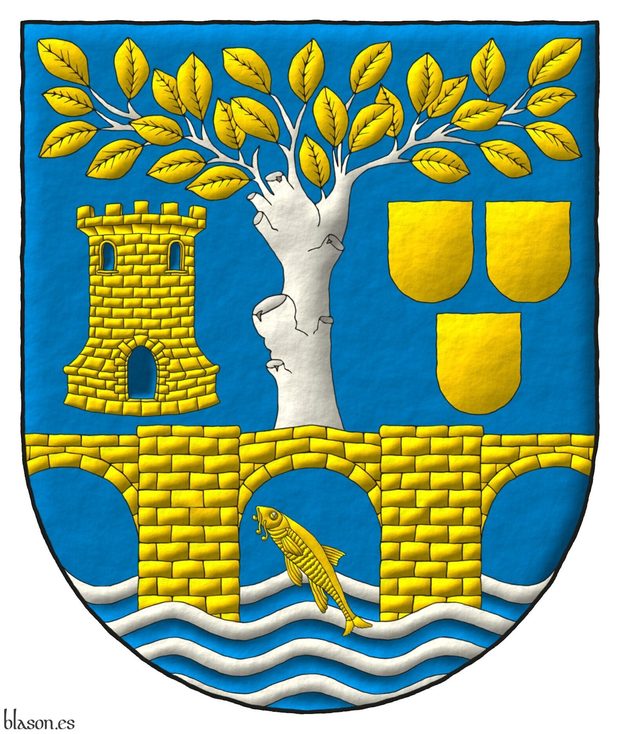 Escudo de azur, en punta cuatro burelas ondadas de plata sumadas de un barbo puesto en banda de oro y un puente de tres ojos moviente de los flancos de oro, mazonado de sable, sosteniendo una olma nurida de plata, hojada de oro, acompaada a su diestra de una torre de oro, aclarada de azur, mazonada de sable y a su siniestra de tres escudetes de oro, 2 y 1.