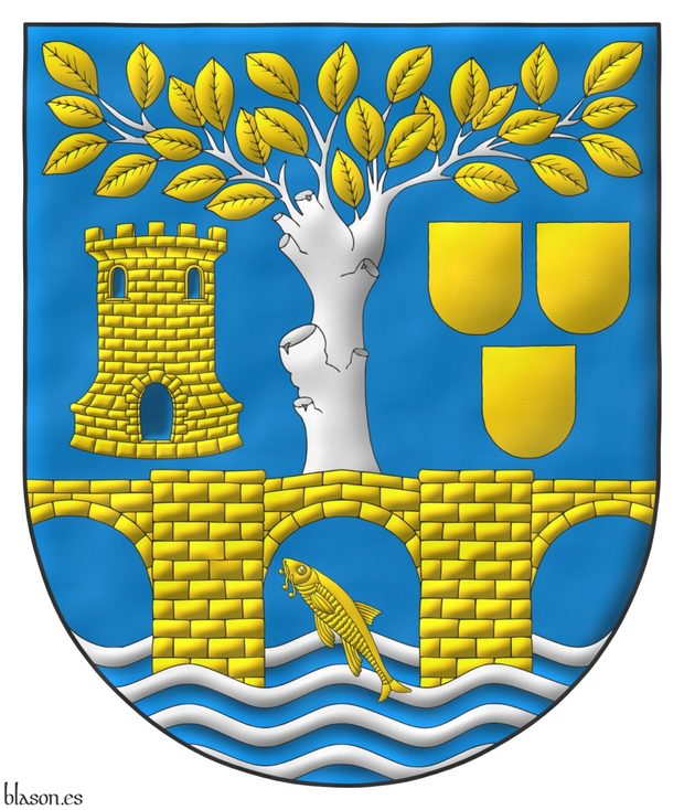 Azure, on four bars wavy Argent a barbel bendwise Or and a three arch bridge Or, masoned Sable, throughout, supporting a elm couped Argent leaved Or, between, in dexter a tower Or, port and windows Azure, mazoned Sable, and in sinister three escutcheon Or, 2 and 1.