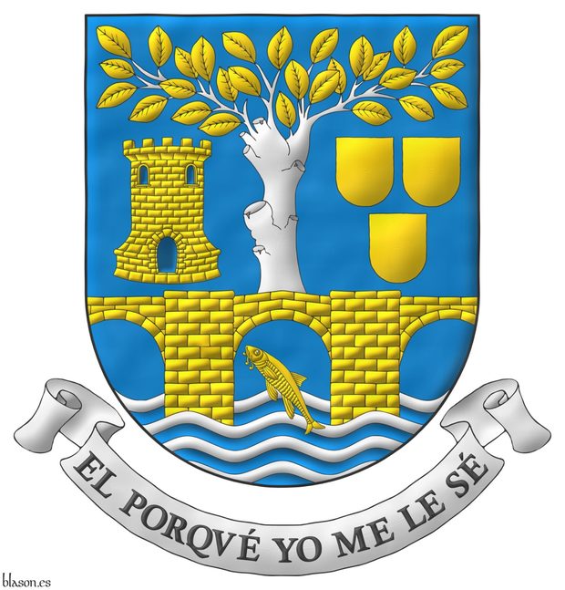 Azure, on four bars wavy Argent a barbel bendwise Or and a three arch bridge Or, masoned Sable, throughout, supporting a elm couped Argent leaved Or, between, in dexter a tower Or, port and windows Azure, mazoned Sable, and in sinister three escutcheon Or, 2 and 1. Motto: El porqu yo me le s Sable, with initial letters Gules, over a scroll Argent.