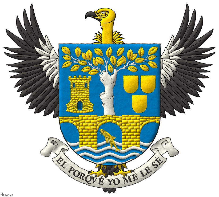 Escudo de azur, en punta cuatro burelas ondadas de plata sumadas de un barbo puesto en banda de oro y un puente de tres ojos moviente de los flancos de oro, mazonado de sable, sosteniendo una olma nurida de plata, hojada de oro, acompaada a su diestra de una torre de oro, aclarada de azur, mazonada de sable y a su siniestra de tres escudetes de oro, 2 y 1. Lema: El porqu yo me le s de sable sobre una filacteria de plata. Acolado detrs del escudo un buitre leonado (Gyps fulvus) al natural.