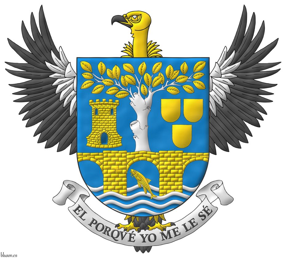 Azure, on four bars wavy Argent a barbel bendwise Or and a three arch bridge Or, masoned Sable, throughout, supporting a elm couped Argent leaved Or, between, in dexter a tower Or, port and windows Azure, mazoned Sable, and in sinister three escutcheon Or, 2 and 1. Motto: El porqu yo me le s Sable, with initial letters Gules, over a scroll Argent. Behind the shield a Eurasian griffon vulture (Gyps fulvus) displayed proper.