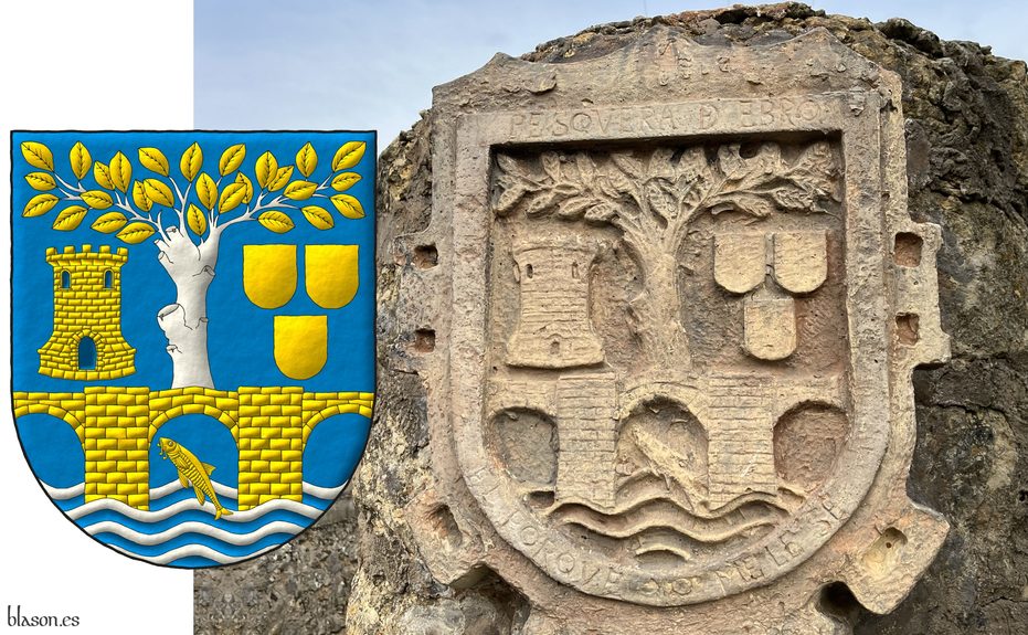 Escudo de azur, en punta cuatro burelas ondadas de plata sumadas de un barbo puesto en banda de oro y un puente de tres ojos moviente de los flancos de oro, mazonado de sable, sosteniendo una olma nurida de plata, hojada de oro, acompaada a su diestra de una torre de oro, aclarada de azur, mazonada de sable y a su siniestra de tres escudetes de oro, 2 y 1.