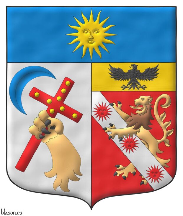 Escudo partido: 1� de plata, un antebrazo de le�n al natural teniendo una cruz latina puesta en barra de Gules cargada de ocho bezantes en cruz de oro, 4 y 4, en la diestra del jefe un decreciente puesto en barra; 2o de gules, un le�n rampante al natural resaltado de una banda de plata cargada de tres soles de gules, en un jefe de oro un �guila de sable; un jefe de azur cargado de un sol de oro.