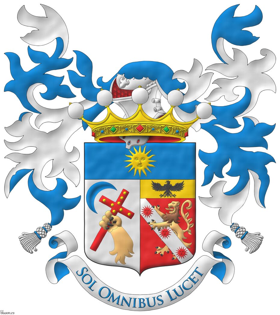 Escudo partido: 1� de plata, un antebrazo de le�n al natural teniendo una cruz latina puesta en barra de Gules cargada de ocho bezantes en cruz de oro, 4 y 4, en la diestra del jefe un decreciente puesto en barra; 2o de gules, un le�n rampante al natural resaltado de una banda de plata cargada de tres soles de gules, en un jefe de oro un �guila de sable; un jefe de azur cargado de un sol de oro. Timbrado de un yelmo naciente de una corona de noble sumada al escudo y adornado de dos lambrequines de azur doblados de plata. Lema: �Sol omnibus lucet� de azur sobre una filacteria de plata doblada de azur.