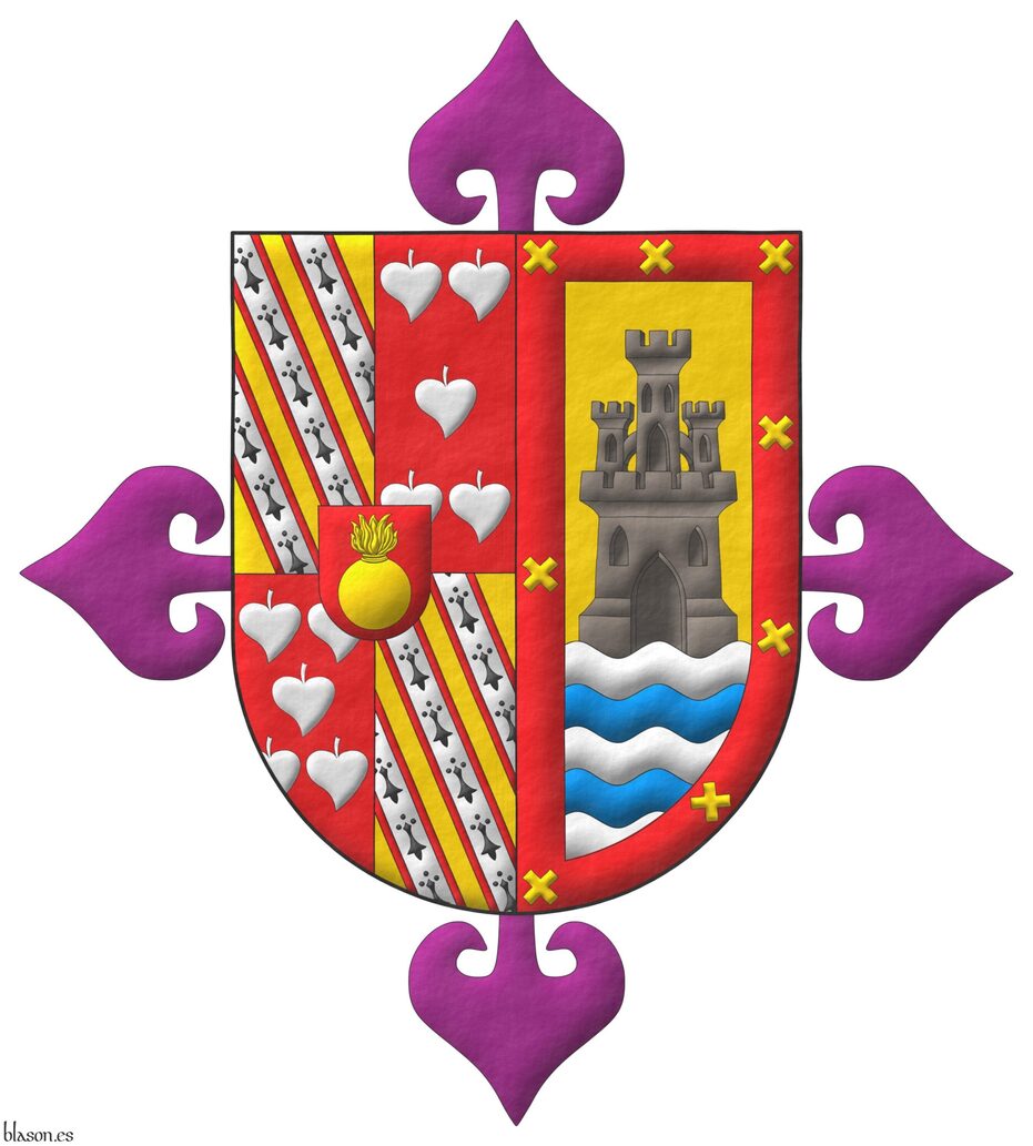 Escudo partido: 1� cuartelado: 1� y 4� de oro, tres cotizas de plata, perfiladas de gules, cargadas cada una de colas de armi�os; 2� y 3� de gules, cinco panelas en sotuer de plata; brochante sobre el todo, un escus�n de gules cargado de una bomba de oro; 2� de oro, un castillo de sable sostenido por ondas de plata y azur; una bordura de gules cargada de ocho sotueres cortados de oro. Acolada detr�s del escudo la cruz del Real Cuerpo de la Nobleza of Madrid.
