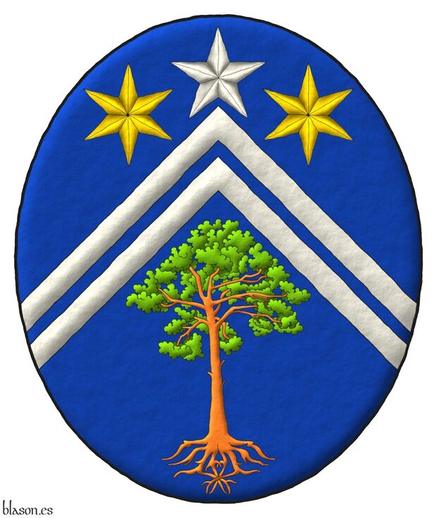 Escudo de azur, dos tenazas de plata, en cada flanco del jefe dos estrellas de seis puntas de oro y en la punta un pino silvestre (Pinus sylvestris) arrancado al natural [concesi�n G0066]; brisado de una estrella de plata.