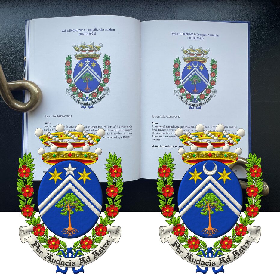 Escudo de azur, dos tenazas de plata, en cada flanco del jefe dos estrellas de seis puntas de oro y en la punta un pino silvestre (Pinus sylvestris) arrancado al natural [concesi�n G0066]; brisado respectivamente de una estrella de plata y de un creciente de plata. Timbrado de una corona de noble sumada de una corona de bar�n. Sostenido de dos ramas de rosas al natural ligadas con una cinta de azur. Lema: �Per audacia ad astra�.