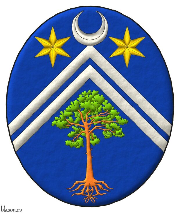 Escudo de azur, dos tenazas de plata, en cada flanco del jefe dos estrellas de seis puntas de oro y en la punta un pino silvestre (Pinus sylvestris) arrancado al natural [concesi�n G0066]; brisado de un creciente de plata.
