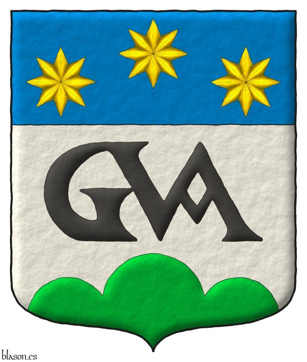 Argent, the letters GVA conjoined Sable, a trimount in base Vert; on a chief Azure, three mullets of eight points Or, 1 and 2.