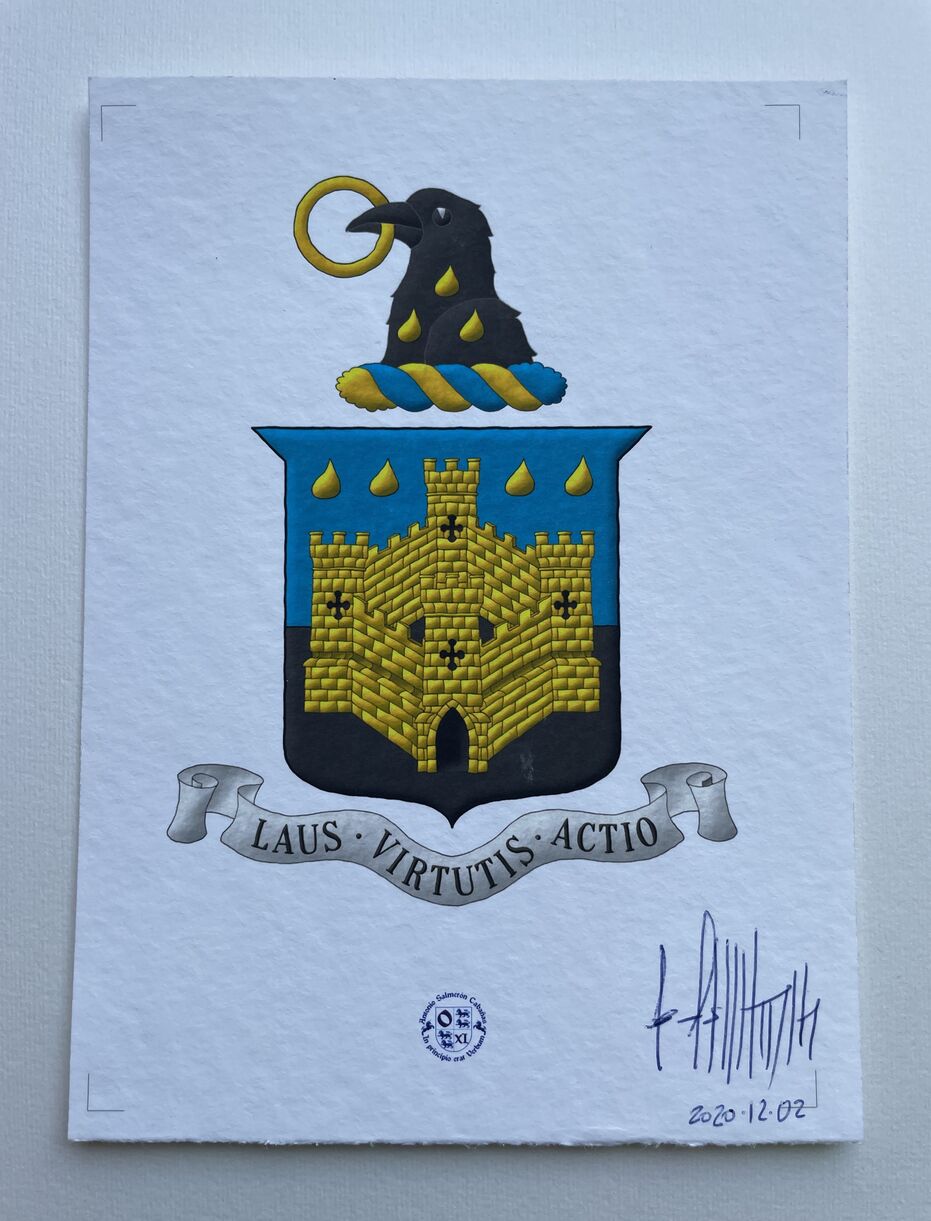 Party per fess Azure and Sable, overall a four-towered castle Or, port and windows Sable, in chief two pairs of gouttes Or. Crest: Upon a wreath Or and Azure, a raven's head Sable, charged upon the neck with three gouttes, 1 and 2, and holding in its beak an annulet Or. Motto: �Laus � Virtutis � Actio�.