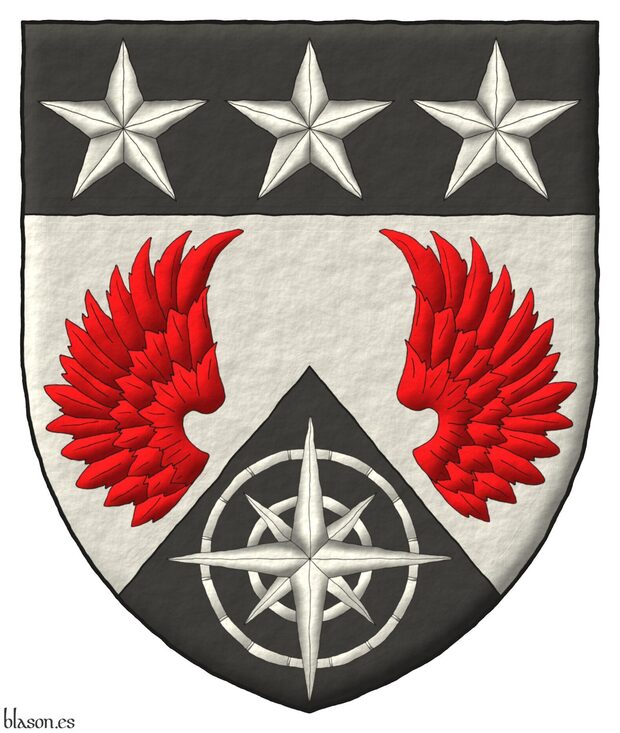 Escudo de plata, dos medios vuelos de gules, mantelado en punta de sable, cargado de una rosa de los vientos de plata; el jefe de sable, tres estrellas de cinco puntas de plata.