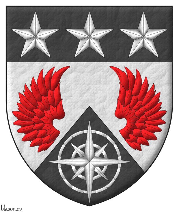 Party per chevron Argent and Sable, two wings Gules, in base a compass rose Argent; on a chief Sable, three mullets Argent.