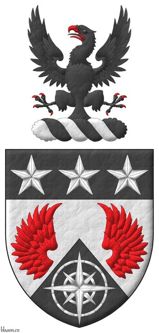 Party per chevron Argent and Sable, two wings Gules, in base a compass rose Argent; on a chief Sable, three mullets Argent. Crest: Upon a wreath Argent and Sable, an eagle displayed Sable, armed and beaked Gules.