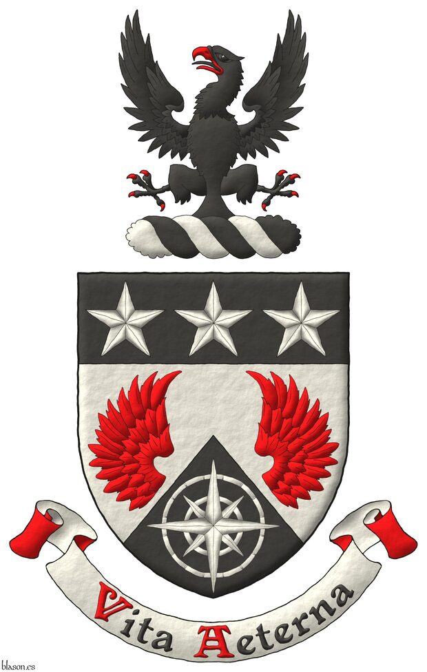 Escudo de plata, dos medios vuelos de gules, mantelado en punta de sable, cargado de una rosa de los vientos de plata; el jefe de sable, tres estrellas de cinco puntas de plata. Timbrado de un burelete de plata y sable, cimado de un �guila de sable, armada y lampasada de gules. Lema: �Vitam Aeternam� de sable, con letras iniciales de gules, sobre una filacteria de plata, doblada de gules.
