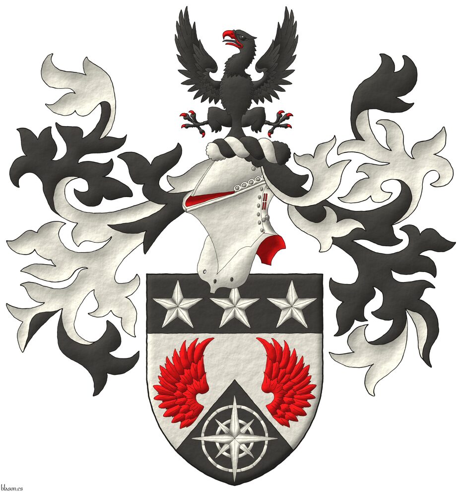 Escudo de plata, dos medios vuelos de gules, mantelado en punta de sable, cargado de una rosa de los vientos de plata; el jefe de sable, tres estrellas de cinco puntas de plata. Timbrado de un yelmo, adornado de dos lambrequines de sable doblados de plata, un burelete de plata y sable, cimado de un �guila de sable, armada y lampasada de gules.