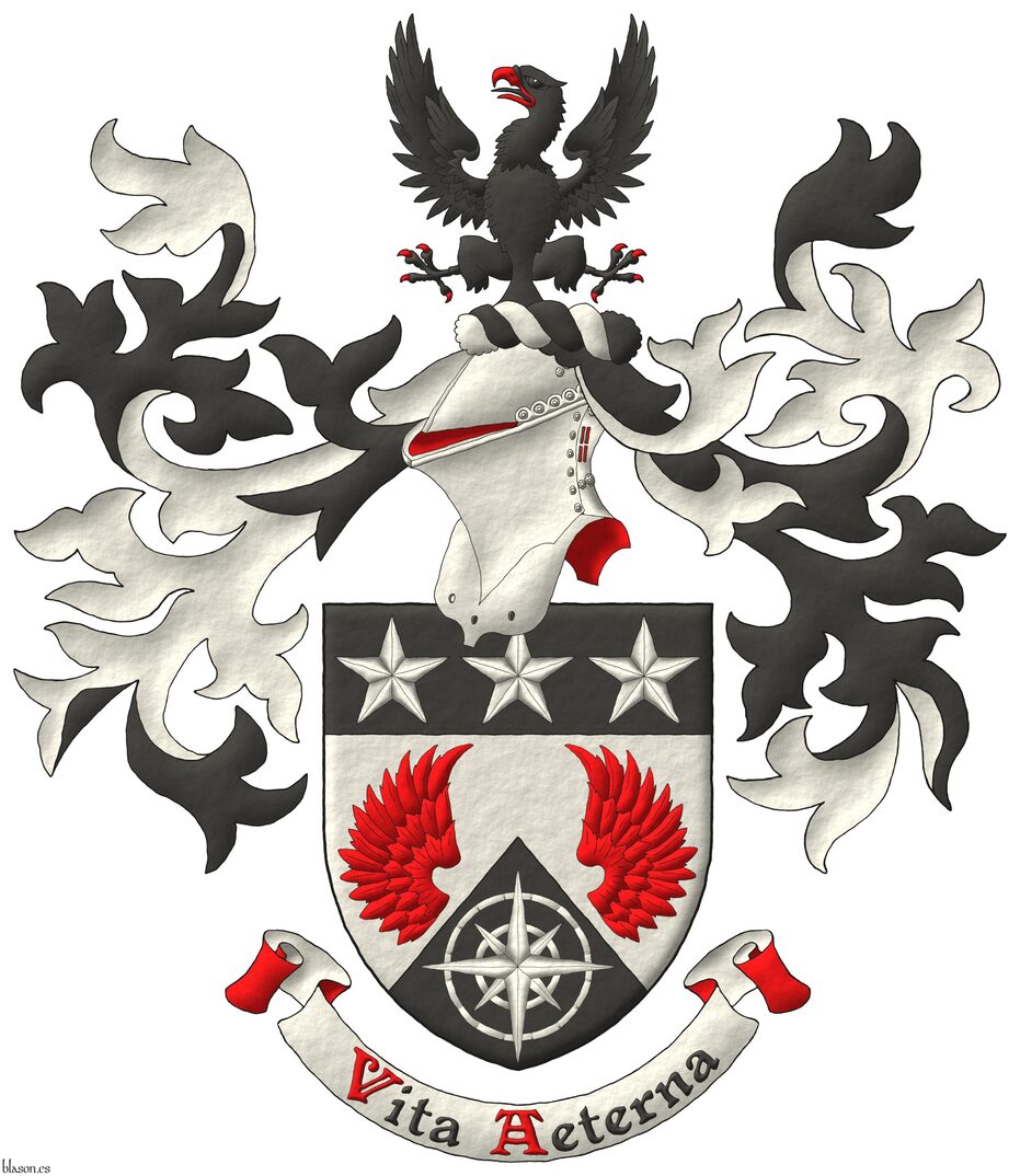 Escudo de plata, dos medios vuelos de gules, mantelado en punta de sable, cargado de una rosa de los vientos de plata; el jefe de sable, tres estrellas de cinco puntas de plata. Timbrado de un yelmo, adornado de dos lambrequines de sable doblados de plata, un burelete de plata y sable, cimado de un �guila de sable, armada y lampasada de gules. Lema: �Vitam Aeternam� de sable, con letras iniciales de gules, sobre una filacteria de plata, doblada de gules.