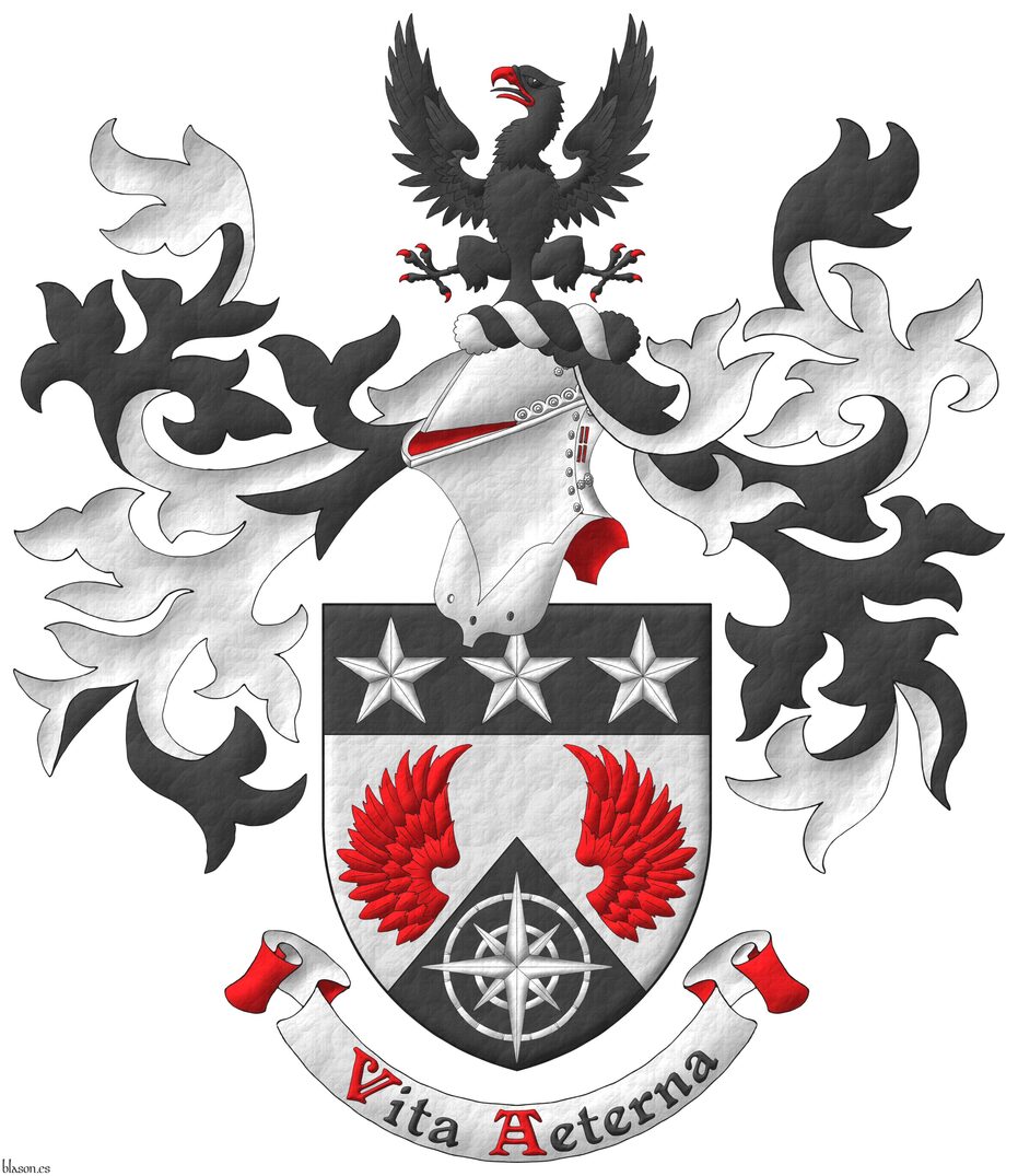 Party per chevron Argent and Sable, two wings Gules, in base a compass rose Argent; on a chief Sable, three mullets Argent. Crest: Upon a helm with a wreath Argent and Sable, an eagle displayed Sable, armed and beaked Gules. Mantling: Sable doubled Argent. Motto: �Vitam Aeternam� Sable, with initial letters Gules, over a scroll Argent, doubled Gules.
