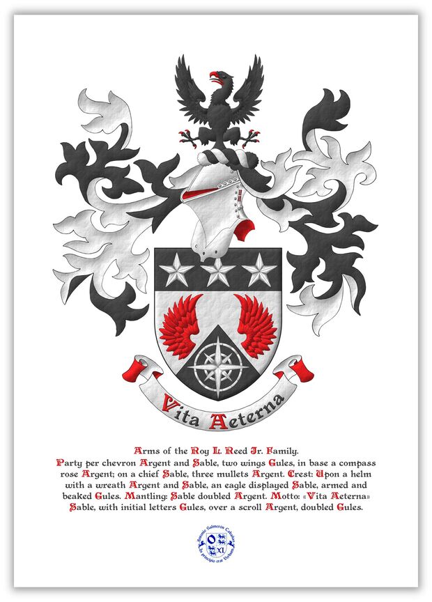 Escudo de plata, dos medios vuelos de gules, mantelado en punta de sable, cargado de una rosa de los vientos de plata; el jefe de sable, tres estrellas de cinco puntas de plata. Timbrado de un yelmo, adornado de dos lambrequines de sable doblados de plata, un burelete de plata y sable, cimado de un �guila de sable, armada y lampasada de gules. Lema: �Vitam Aeternam� de sable, con letras iniciales de gules, sobre una filacteria de plata, doblada de gules.