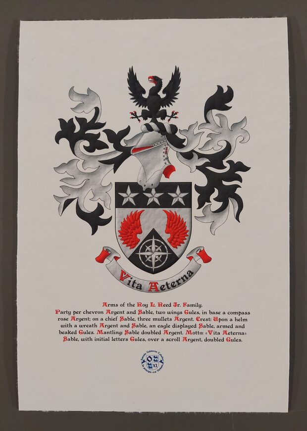 Party per chevron Argent and Sable, two wings Gules, in base a compass rose Argent; on a chief Sable, three mullets Argent. Crest: Upon a helm with a wreath Argent and Sable, an eagle displayed Sable, armed and beaked Gules. Mantling: Sable doubled Argent. Motto: �Vitam Aeternam� Sable, with initial letters Gules, over a scroll Argent, doubled Gules.