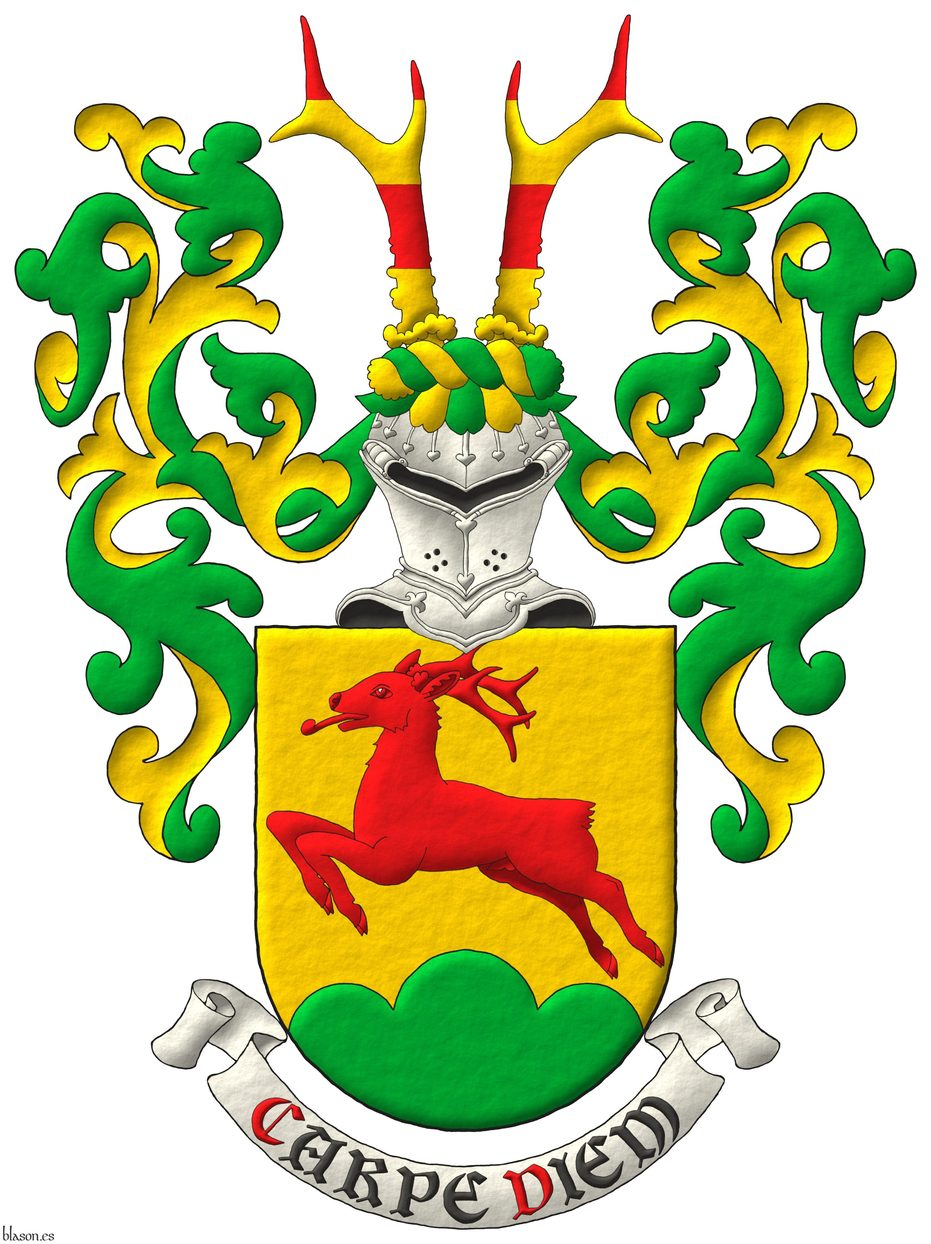 Or, a roe deer salient Gules, in base a triple mount Vert. Crest: Upon a helm affronty, with a wreath Or and Vert, two roe deers' attires barry of four Gules and Or. Mantling: Vert doubled Or.. Motto: Carpe diem.
