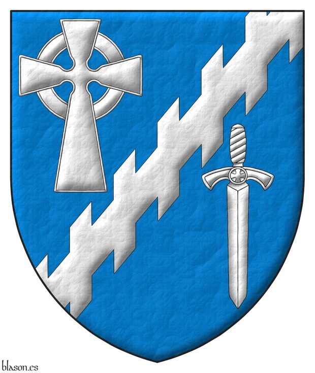 Escudo de azur, una barra ecotada acompaada, en la diestra del jefe, de una cruz celta y, en la siniestra de la punta, de una espada bajada todo de plata.