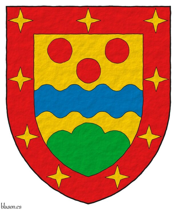 Escudo de oro, una faja ondada de azur acompa�ada, en jefe, de tres roeles de gules y, moviente de la punta, de un monte de tres pe�as de sinople; bordura de gules cargada de nueve luceros de oro.